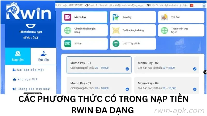 Các phương thức nạp tiền tại Rwin
