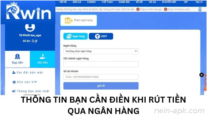 Thông tin cần nhập khi rút tiền